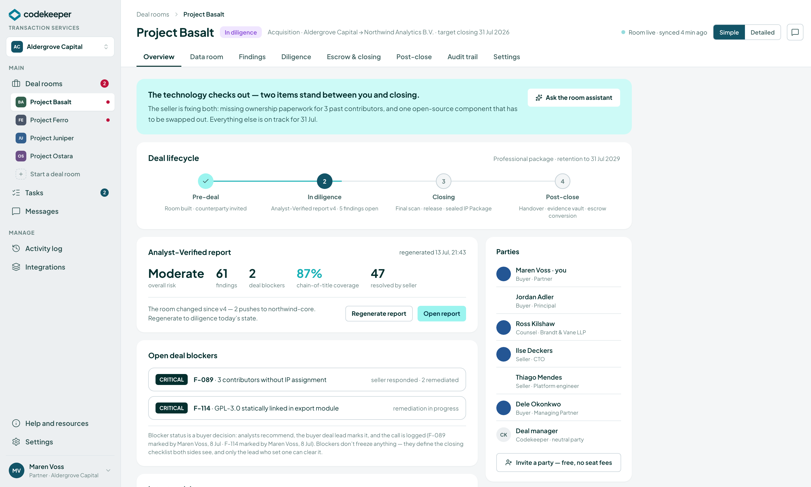Deal workspace overview — report status, open deal blockers, and both parties in one view