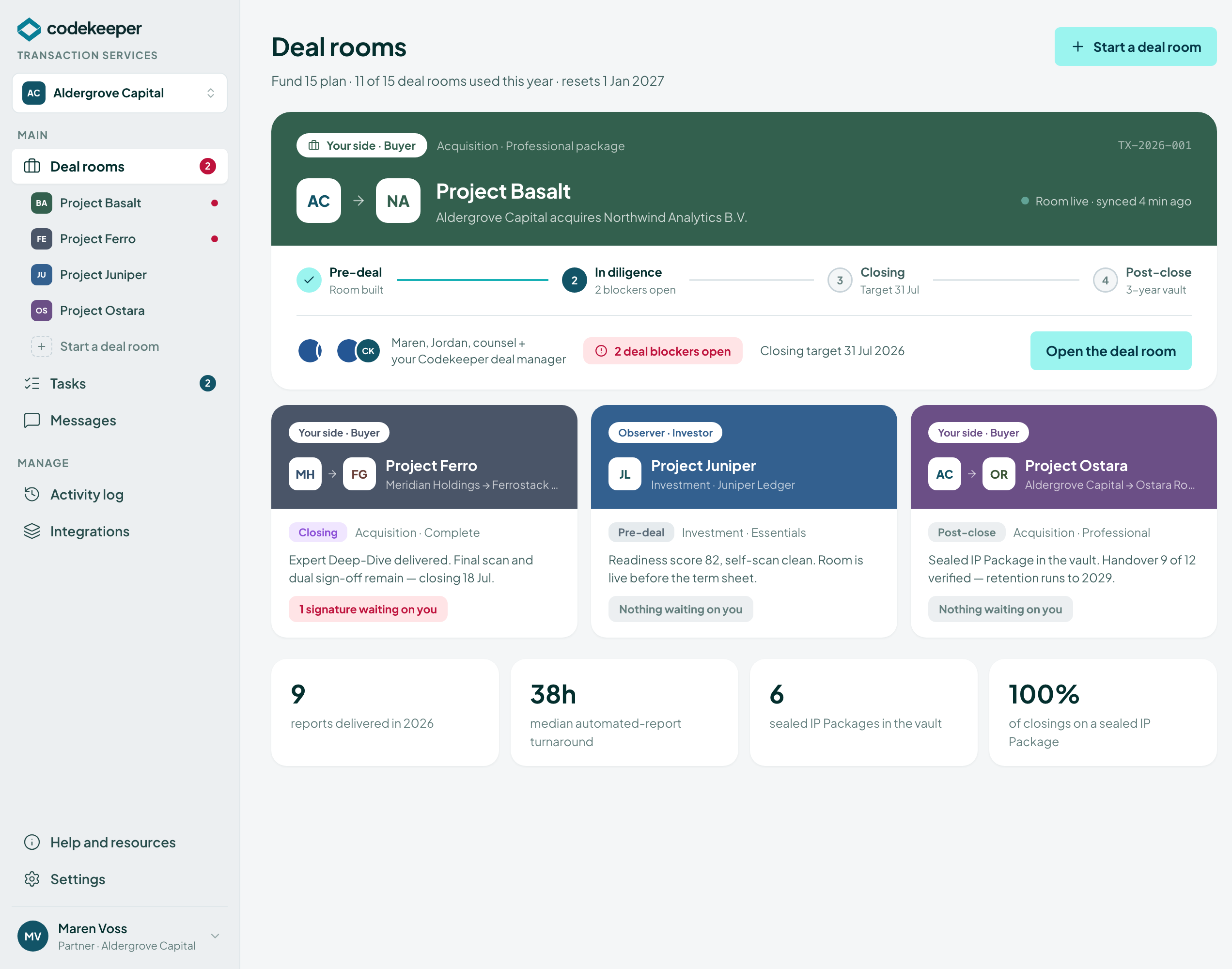 Deal rooms home — every transaction at a glance with lifecycle stage, blockers, and portfolio stats